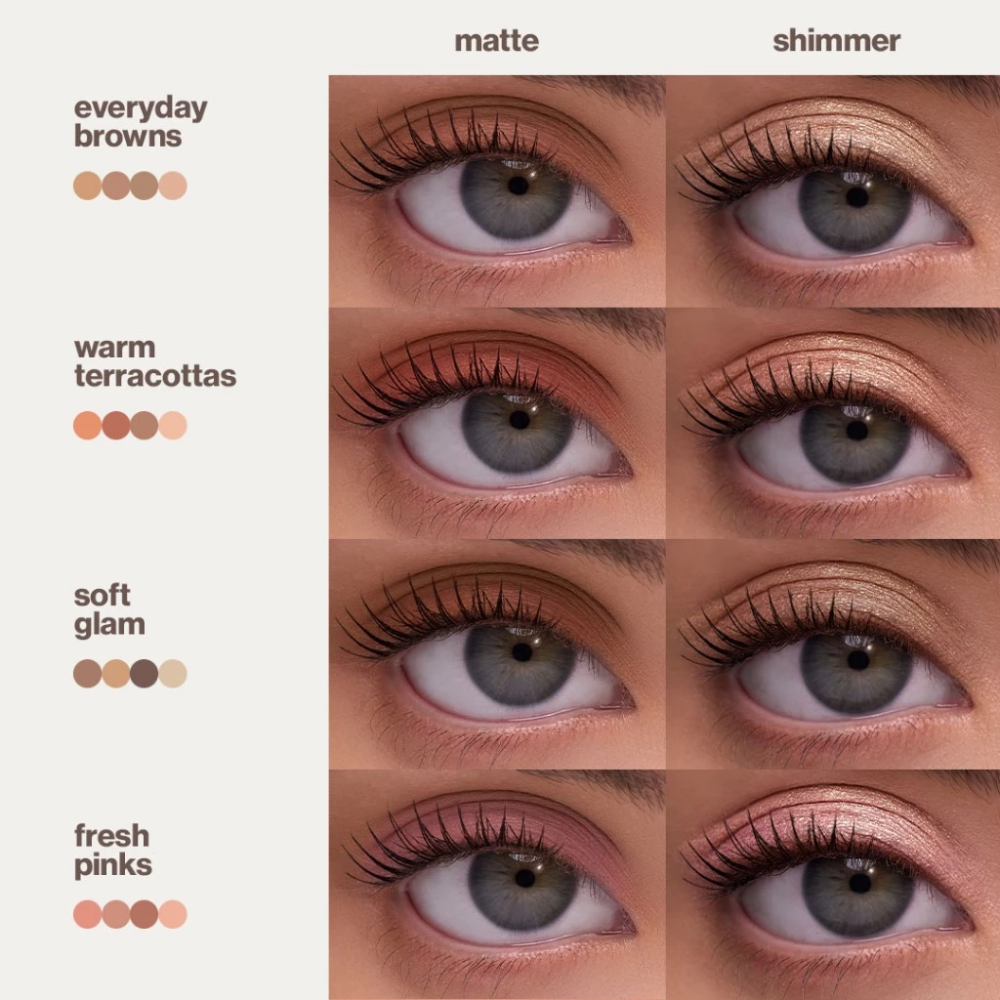 Eye makeup color swatches with 'matte', 'shimmer', 'everyday browns', 'warm terracottas', 'soft glam', and 'fresh pinks' categories.