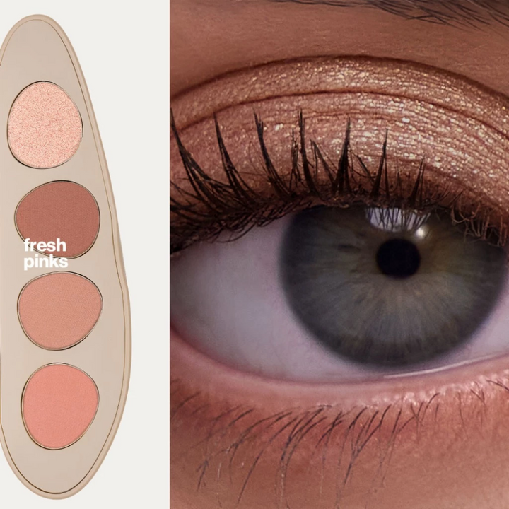 Makeup palette with 'fresh pinks' and an eye wearing a pink eyeshadow.