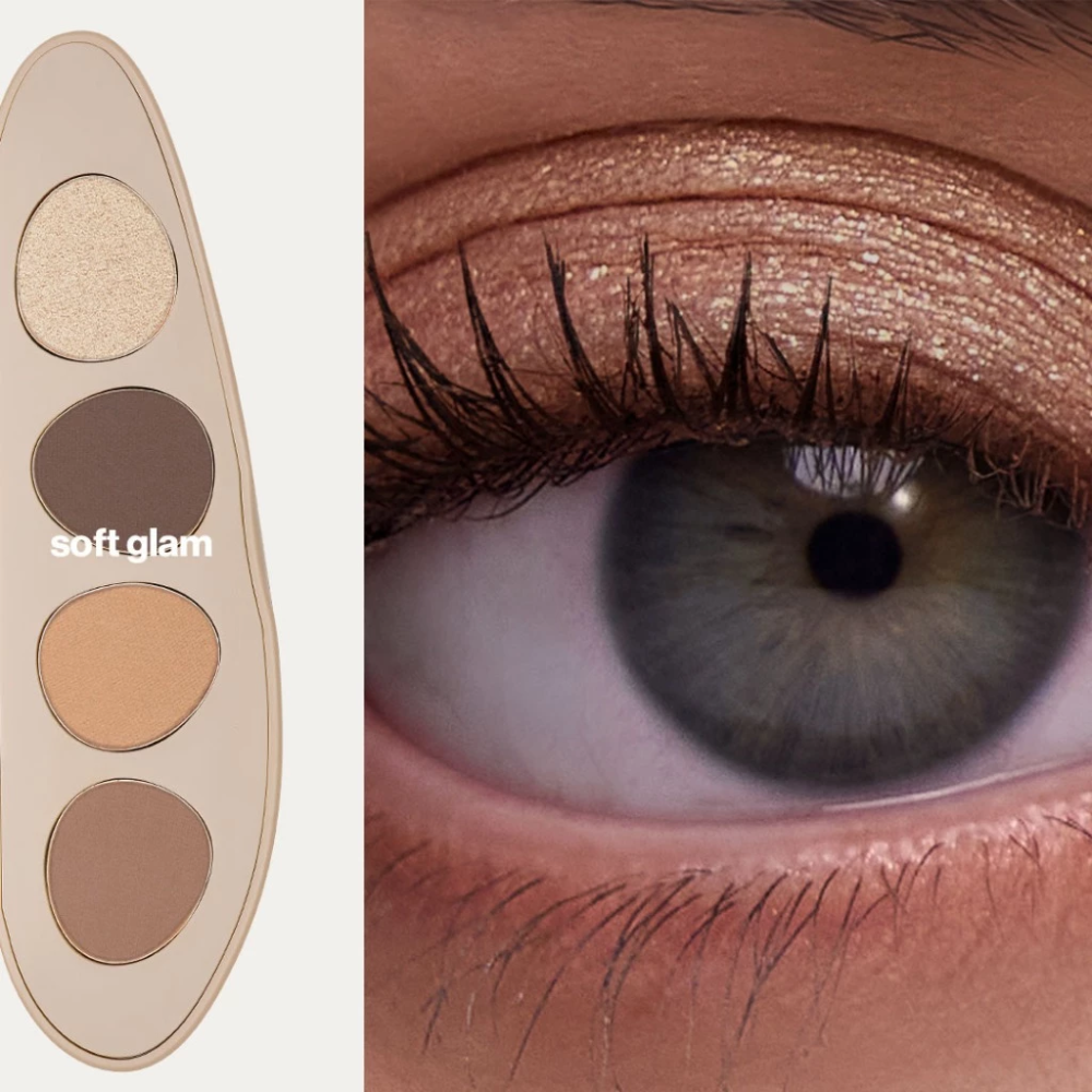 Makeup palette with 'softglam' branding next to a close-up of an eye wearing brown eyeshadow.