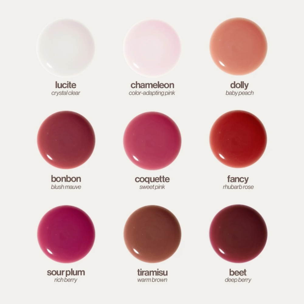 Color swatches of lip gloss with names on a white background Sunnies Face Lip Glaze - a peptide lip treatment