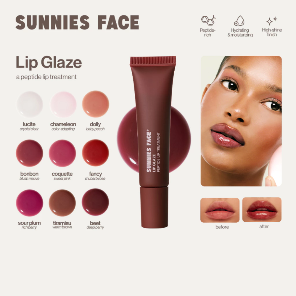 Sunnies Face Lip Glaze with color swatches and before/after application on a model. Lip Glaze - a peptide lip treatment