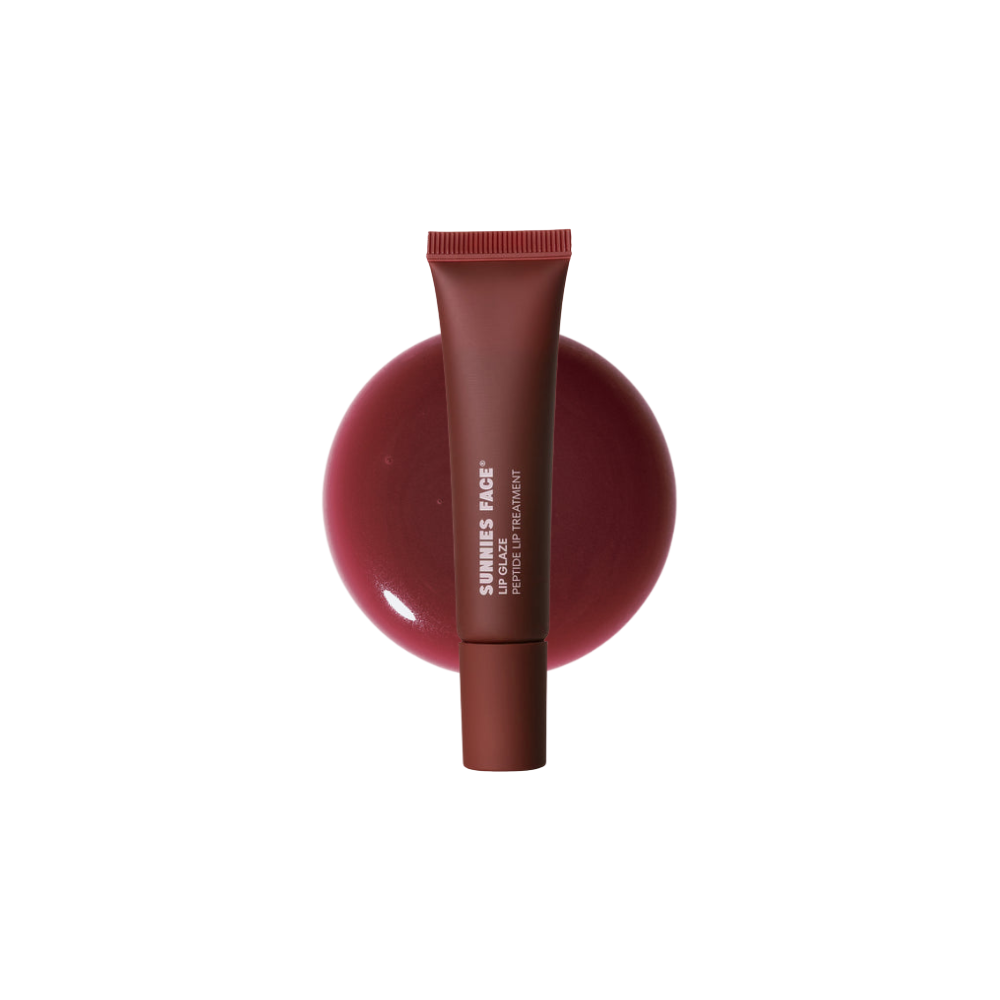 Red tube of skincare product on a white background Sunnies Face Lip Glaze - a peptide lip treatment