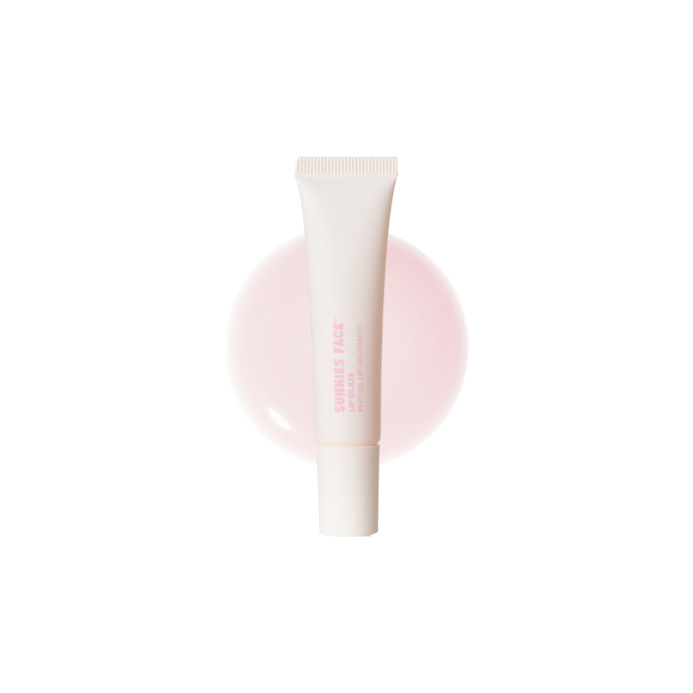 White skincare tube with pink circular background Sunnies Face Lip Glaze - a peptide lip treatment