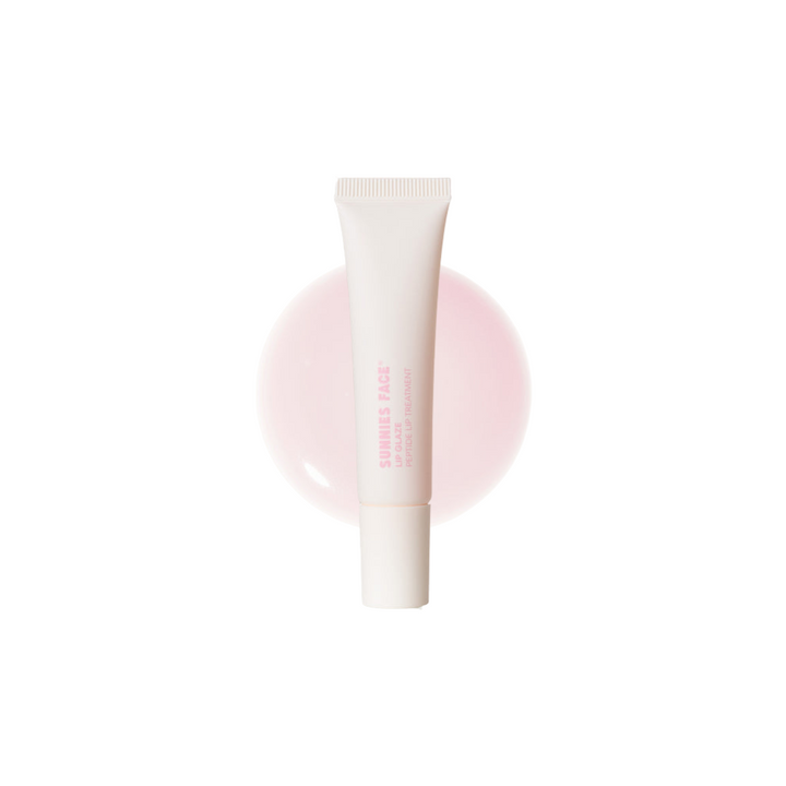 White skincare tube with pink circular background Sunnies Face Lip Glaze - a peptide lip treatment
