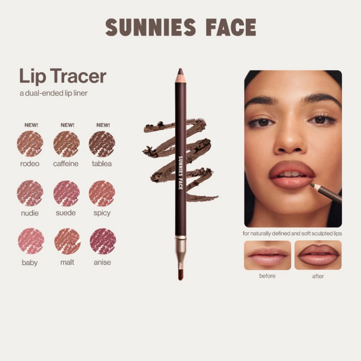 Sunnies Face lip liner with color swatches and application examples on a white background Sunnies Face Lip Tracer 
