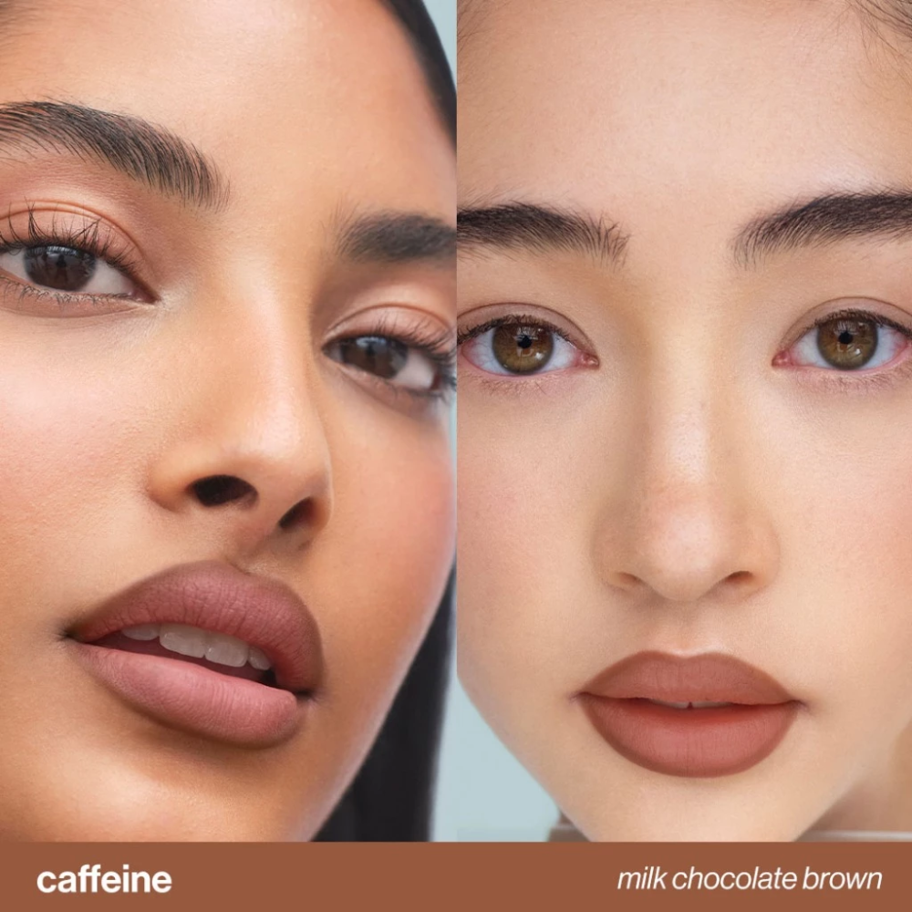 Two close-up views of a person's face with different lip colors labeled 'caffeine' and 'milk chocolate brown'. Sunnies Face Lip Tracer - Caffeine