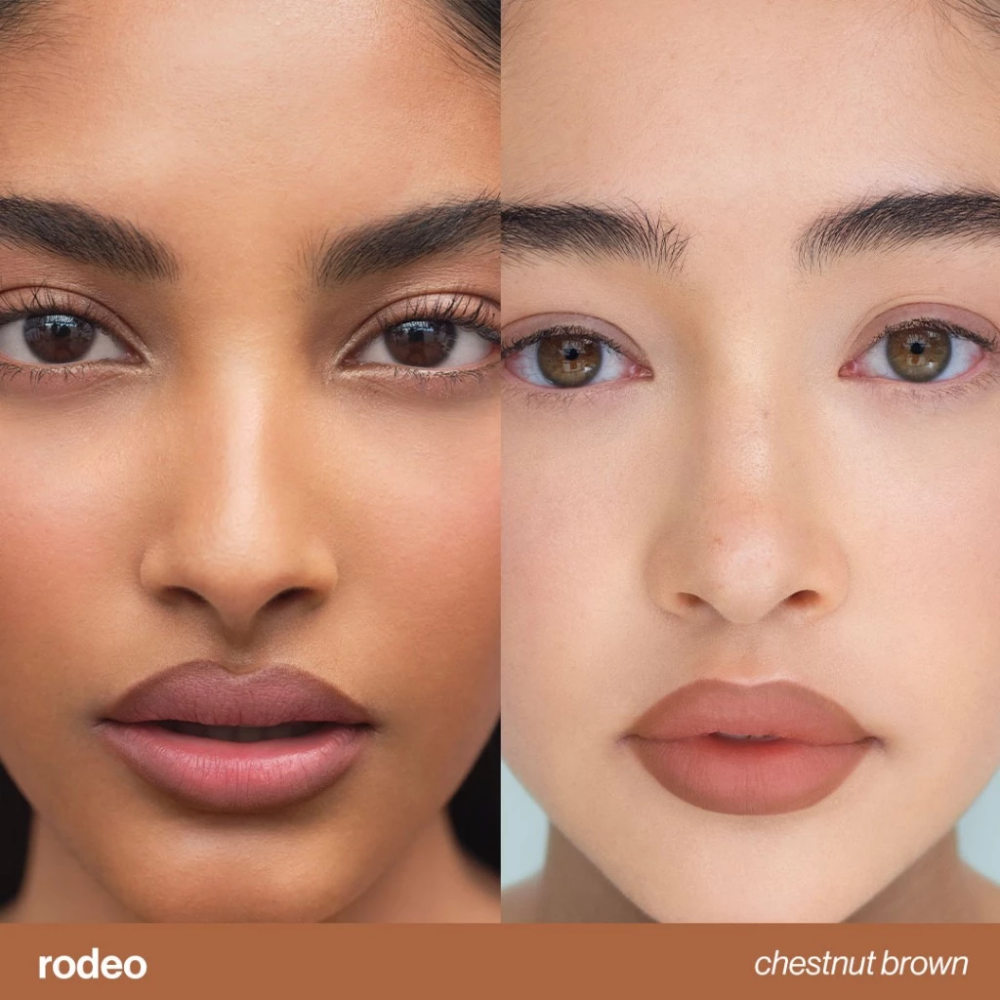 Two close-up views of a woman's face with different lipstick shades labeled 'rodeo' and 'chestnut brown'. Sunnies Face Lip Tracer - Rodeo