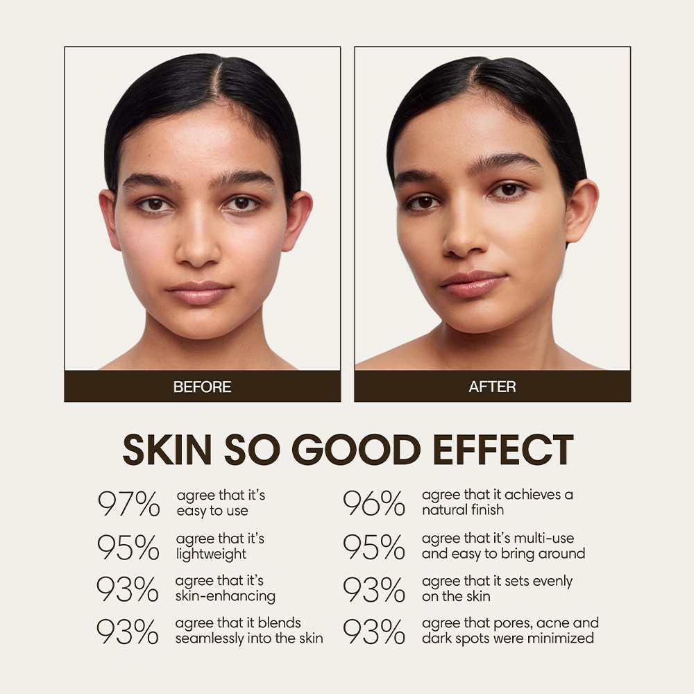 Before and after comparison of a woman's face with text on skin care product effectiveness.