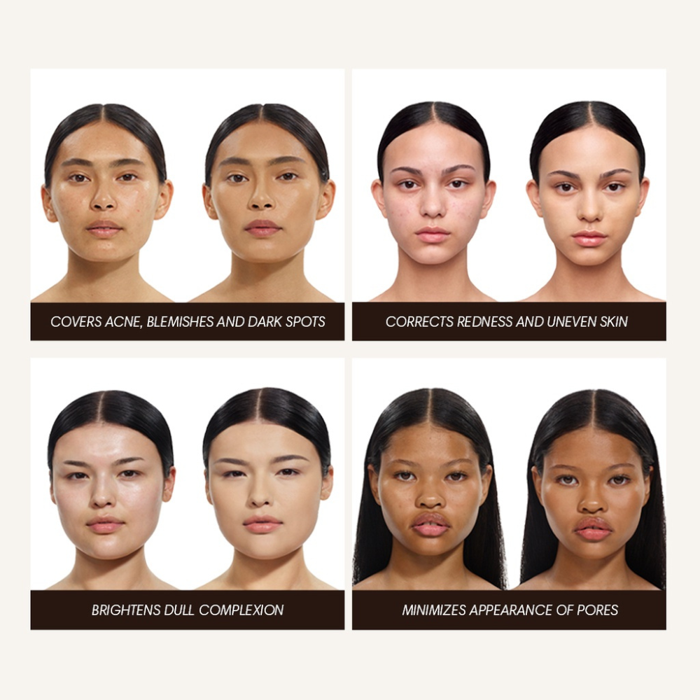 Before and after effects of a skincare product on a model's face.