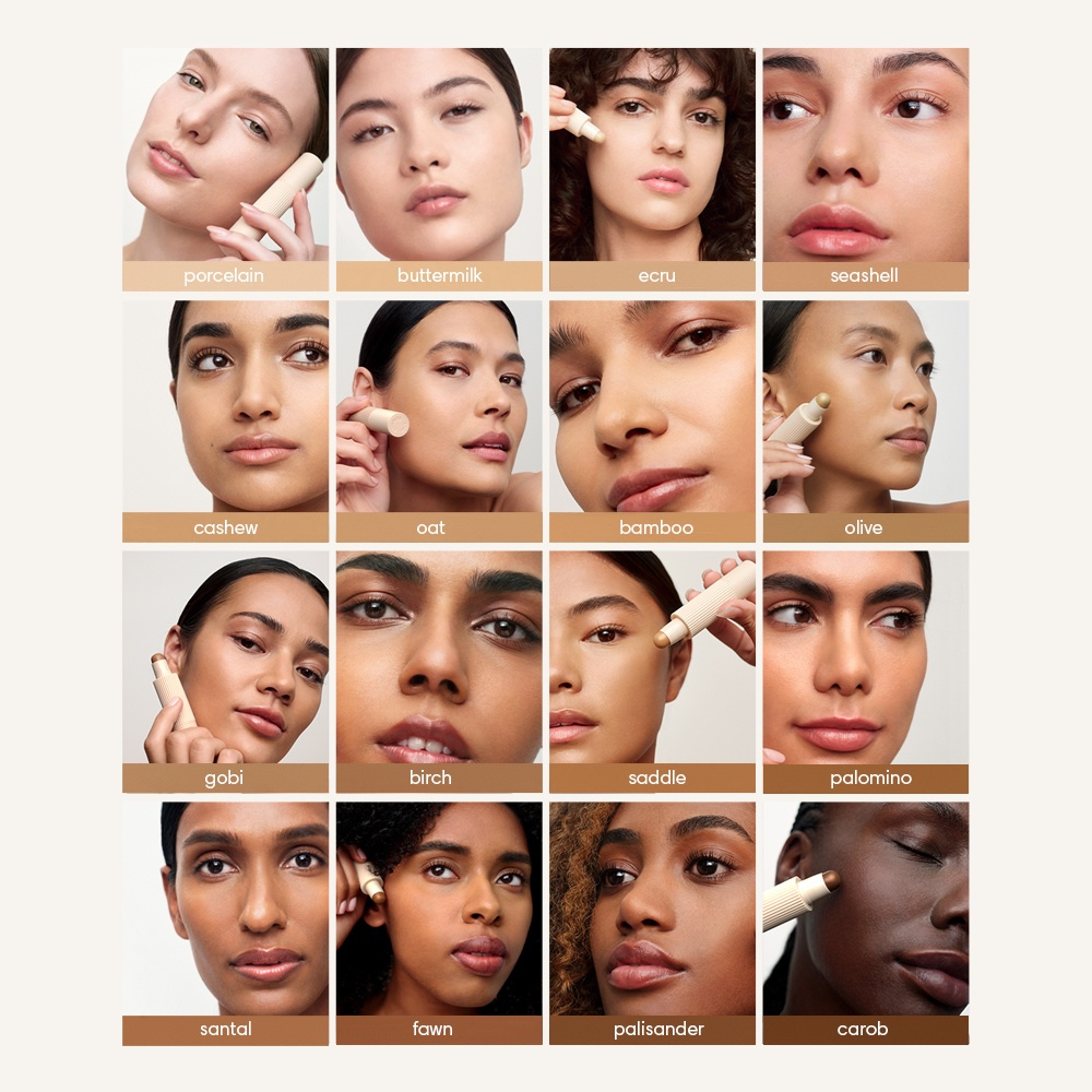 Grid of women with different skin tones using a cosmetic product, labeled with color names.