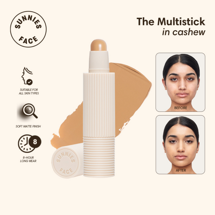 Multistick in cashew color with before and after effects on a white background