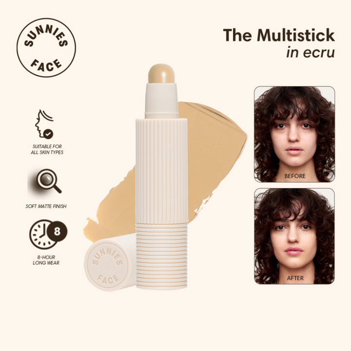 Multistick in ecru with before and after effects on a white background