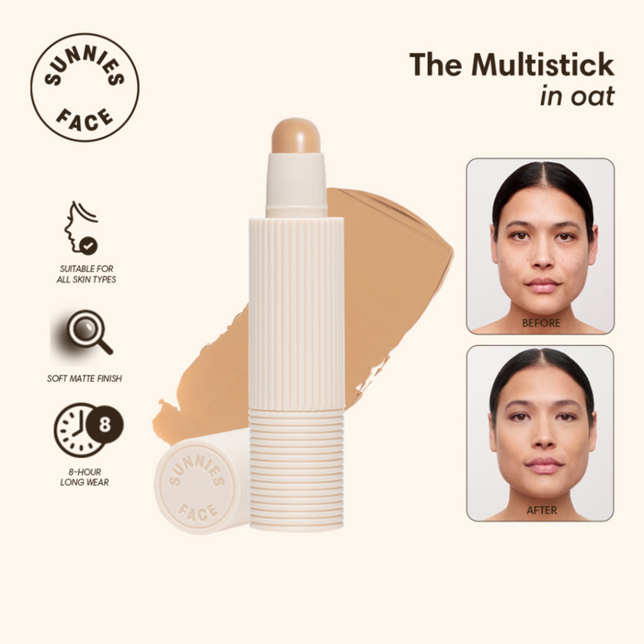 Multistick in oat color with before and after effects on a white background