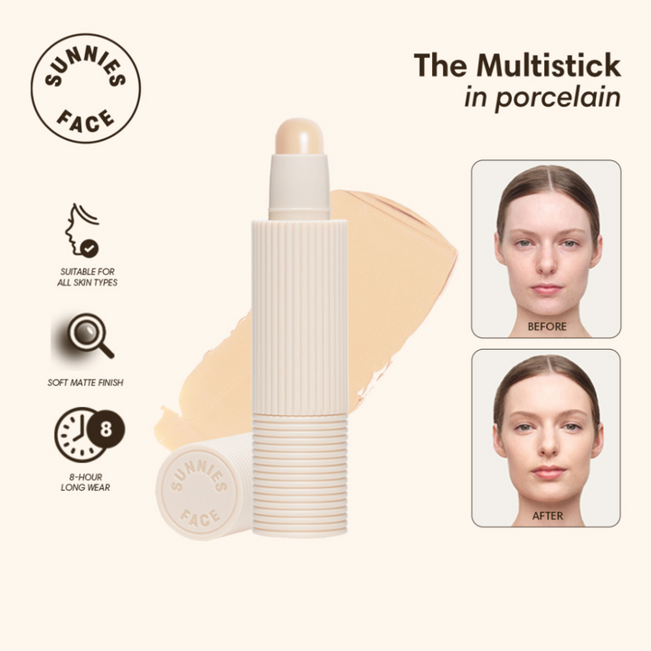 Multistick in porcelain with branding and product features on a white background