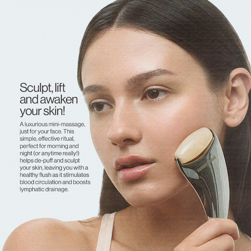 Woman using a skincare tool with text about skin care benefits on a light gray background