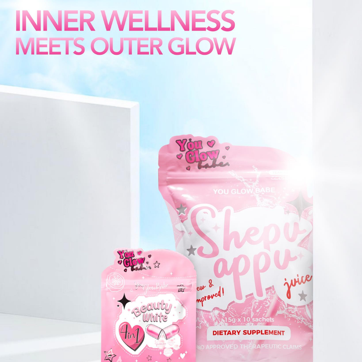 Pink dietary supplement packages with 'You Glow Girl' branding on a light blue background. You Glow Babe Shepu Appu (Shape Up) Juice