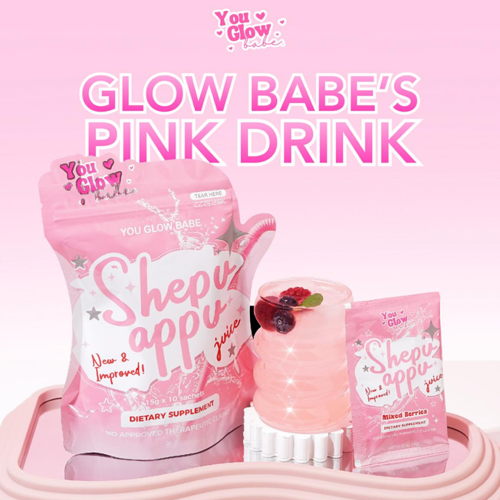 Shepu appu juice packaging with pink drink and accessories on a pink background You Glow Babe Shepu Appu (Shape Up) Juice