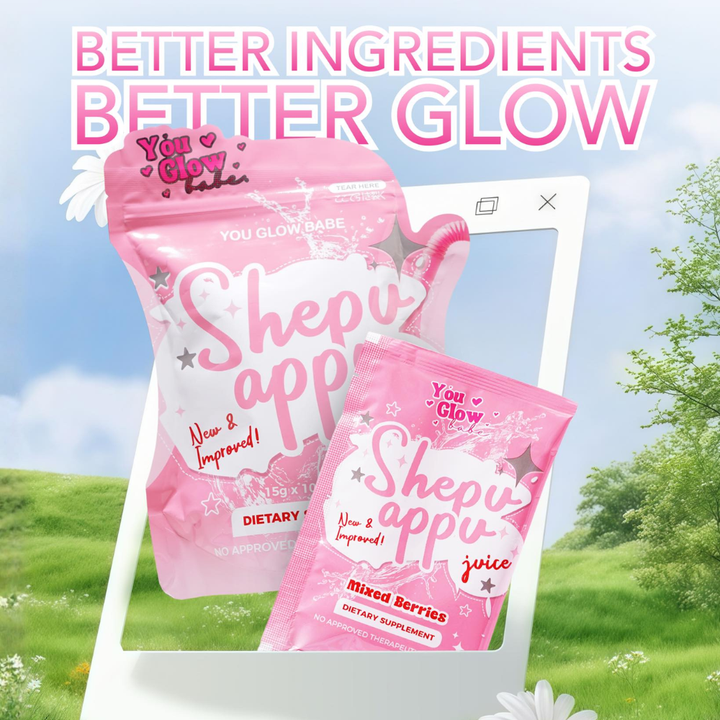 Sheepy appu juice packages with 'You Glow Babe' branding against a scenic background. You Glow Babe Shepu Appu (Shape Up) Juice