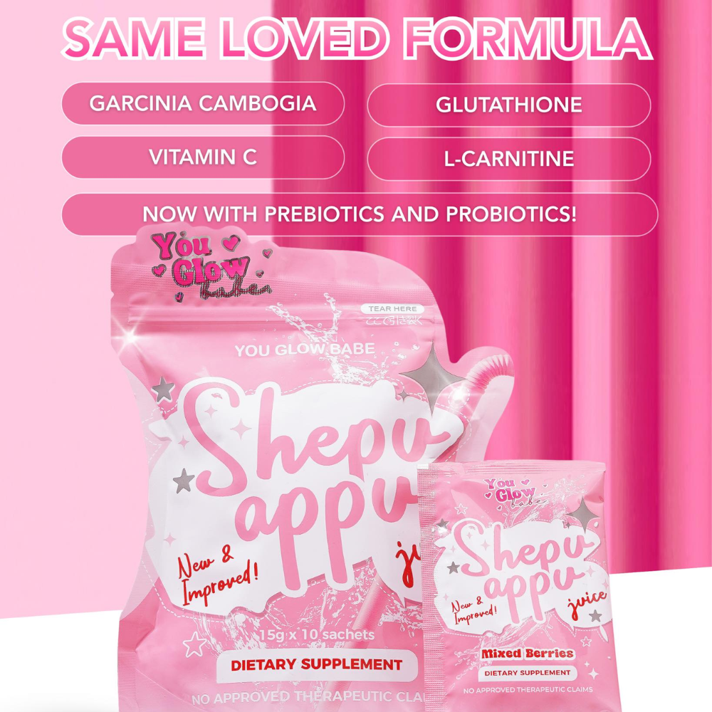 Shepu appu dietary supplement packaging with pink background and product details. You Glow Babe Shepu Appu (Shape Up) Juice