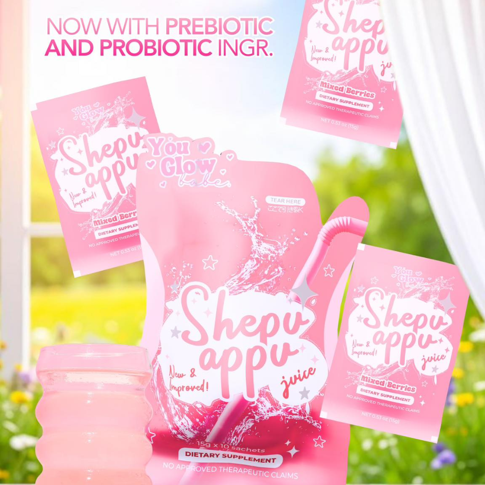 Shepu appu juice packaging with pink pouches and a bottle on a natural background You Glow Babe Shepu Appu (Shape Up) Juice