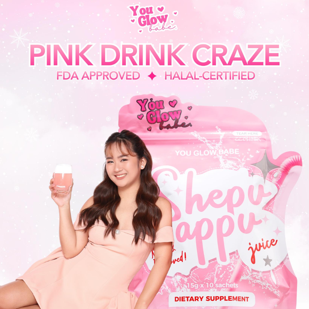 Promotional image of a dietary supplement with a woman holding a glass, set against a pink background. You Glow Babe Shepu Appu (Shape Up) Juice