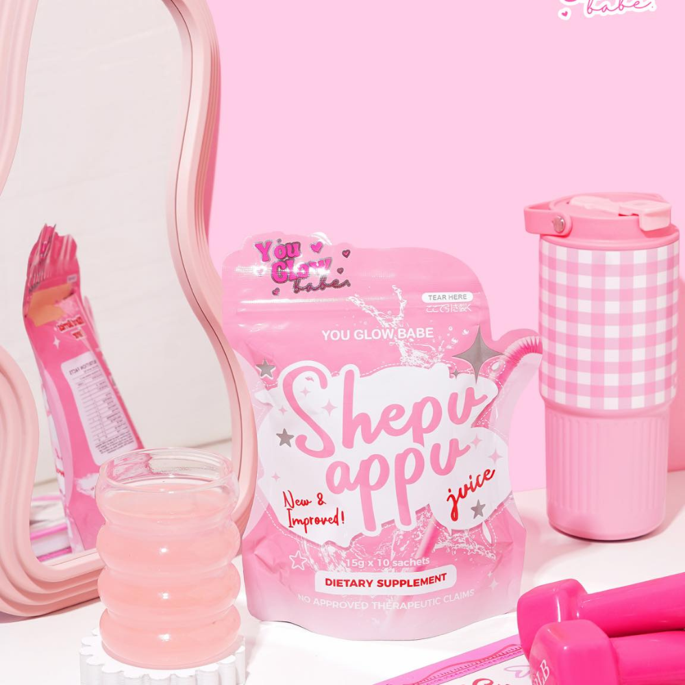 Pink 'Shepu Appu' juice package with accessories on a pink background You Glow Babe Shepu Appu (Shape Up) Juice