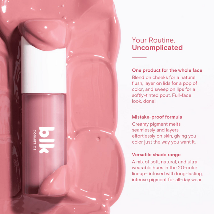 Pink lip gloss with brand name on a white background Blk Cosmetics Creamy All Over Paint Bretman Rock Collection 