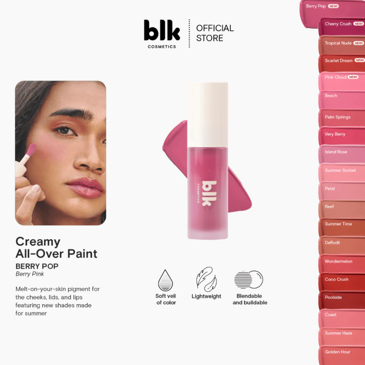 blk Cosmetics creamy all-over paint with product and color swatch on a white background Blk Cosmetics Creamy All Over Paint Bretman Rock Collection  BerryPop