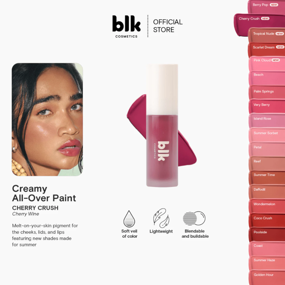 Blk Cosmetics creamy all-over paint with color swatches on a white background Blk Cosmetics Creamy All Over Paint Bretman Rock Collection Cherry Crush
