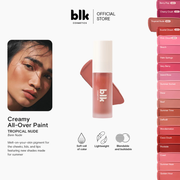Promotional image of blk cosmetics creamy all-over paint with product and color swatches. Blk Cosmetics Creamy All Over Paint Bretman Rock Collection 