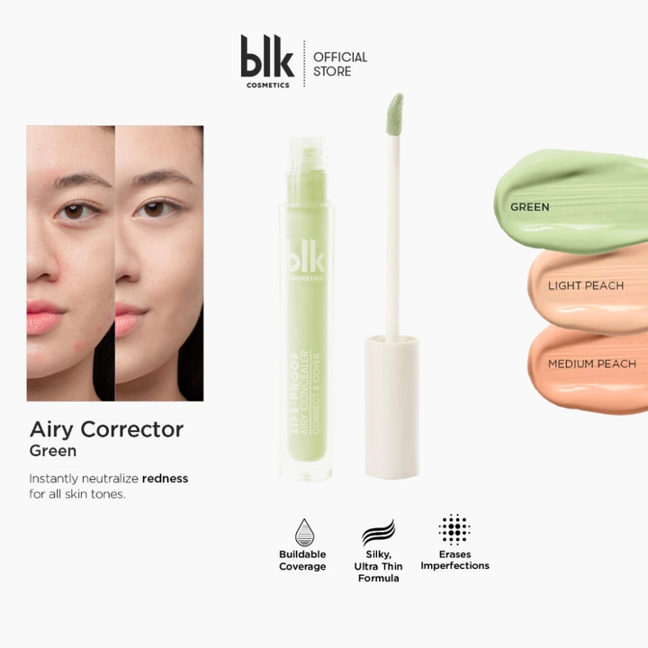 Advertisement for blk Airy Corrector Green with product packaging, applicator, and color swatches on a white background. Airy Concealer - Correct & Cover