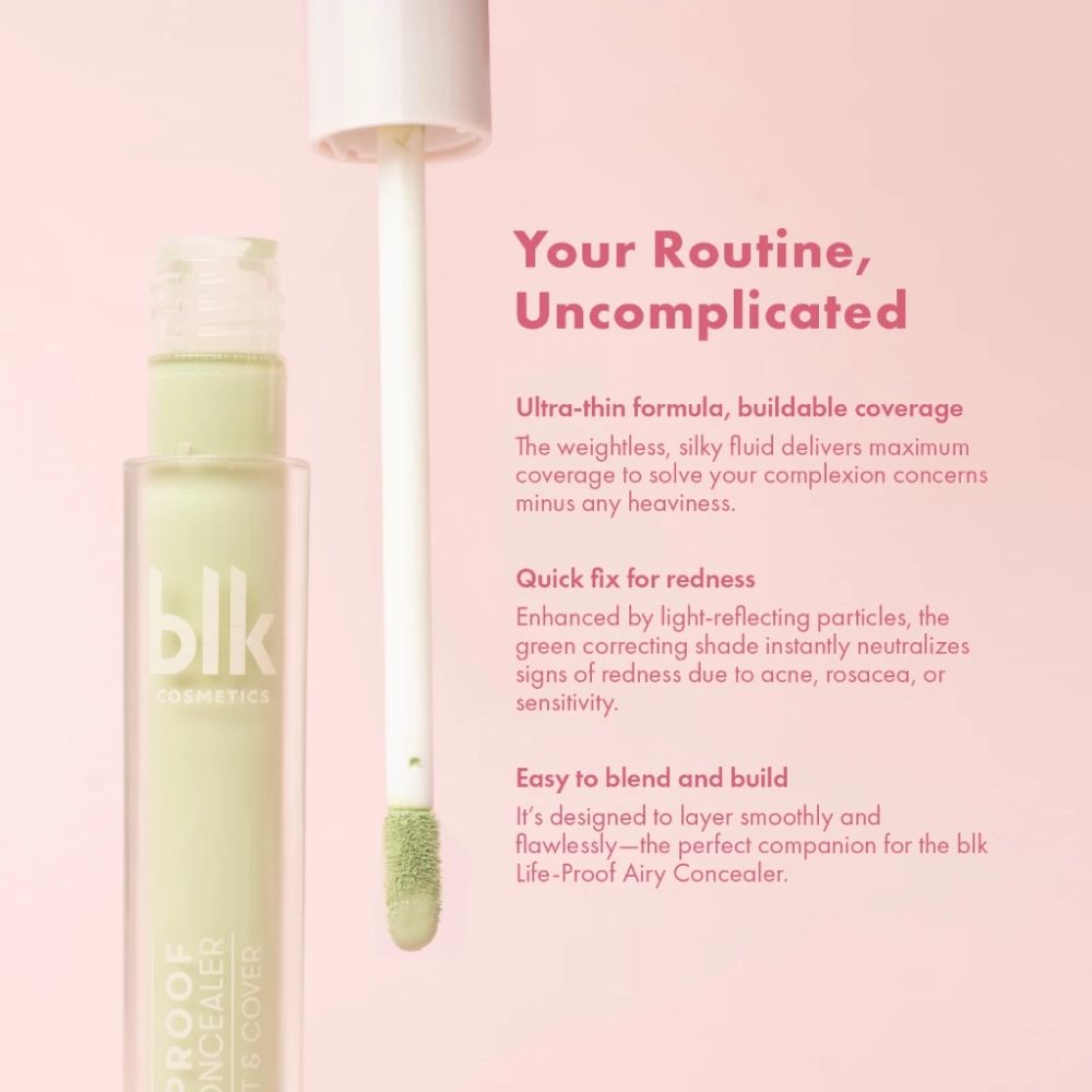 Cosmetic product with applicator on a pink background, featuring the brand 'blk'.Airy Concealer - Correct & Cover