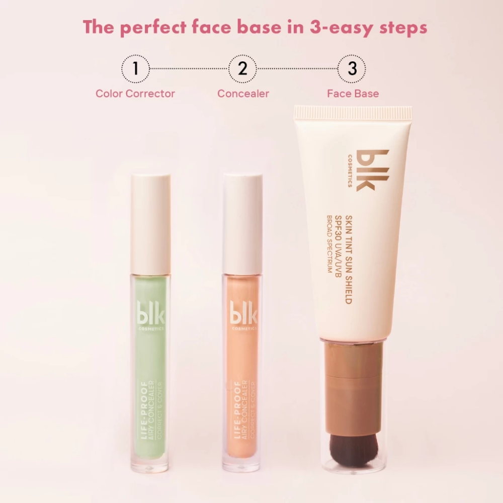 Three skincare products with 'blk' branding on a light pink background Airy Concealer - Correct & Cover