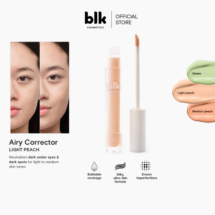 Advertisement for blk Airy Corrector with product packaging and color swatches on a white background. Airy Concealer - Correct & Cover