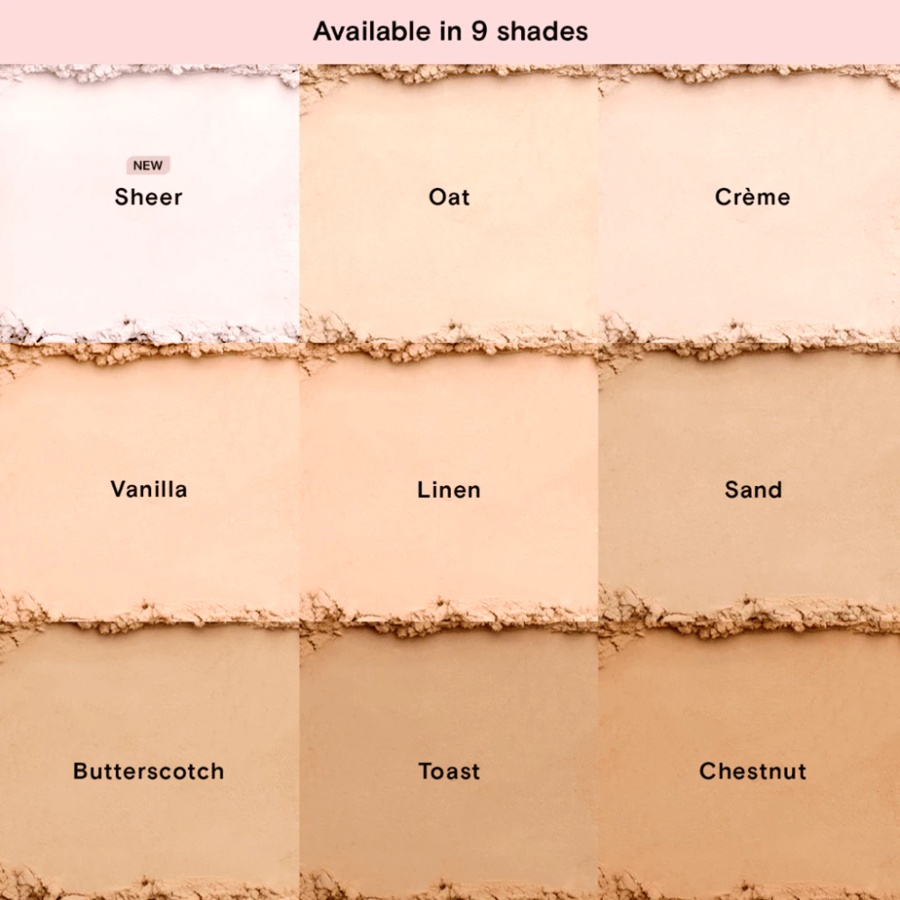 Color swatch chart with nine beige shades on a pink background blk cosmetics Daydream Soft Blur Powder Foundation