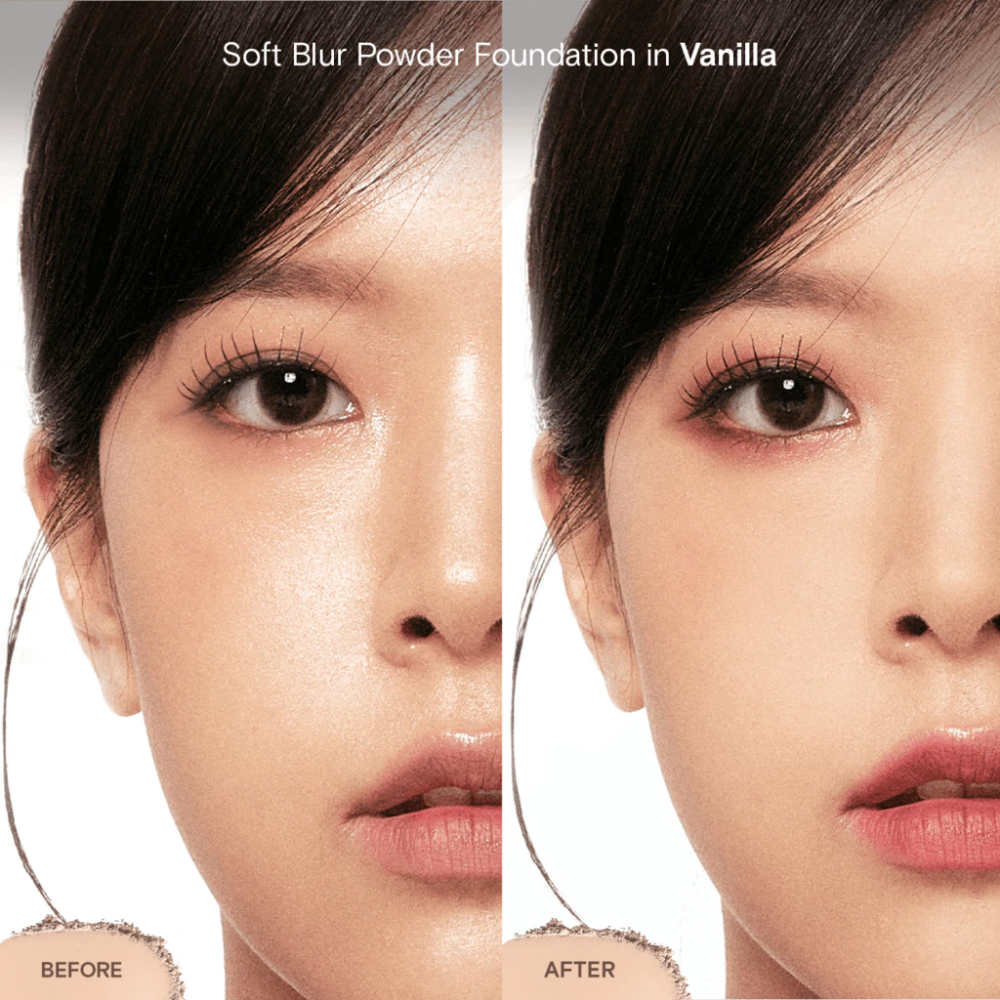 Before and after comparison of a woman's face with Soft Blur Powder Foundation in Vanilla. blk cosmetics Daydream Soft Blur Powder Foundation