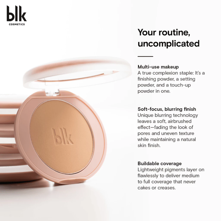 blk cosmetics multi-use makeup product with features listed on a white background blk cosmetics Daydream Soft Blur Powder Foundation