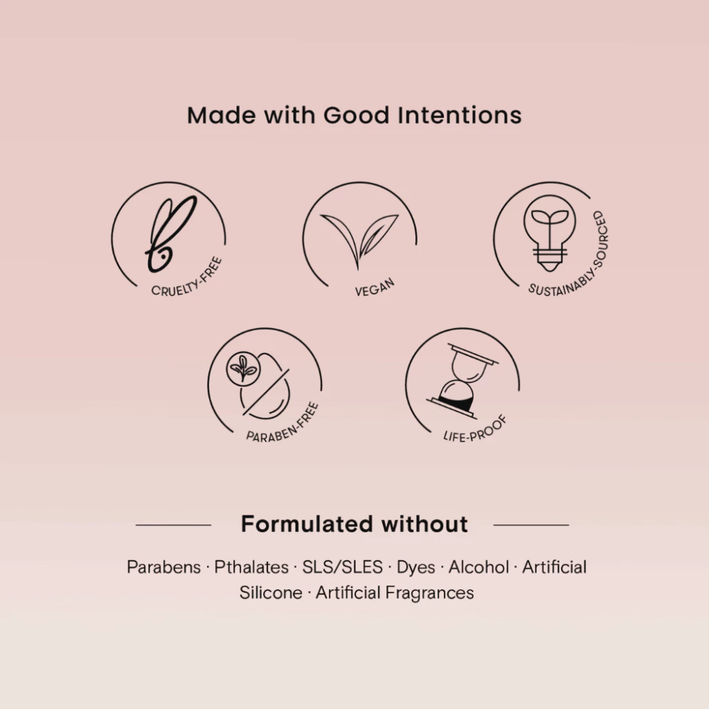 Set of icons representing cruelty-free, vegan, sustainably sourced, paraben-free, and life-proof attributes on a pink background. blk cosmetics Daydream Soft Blur Powder Foundation