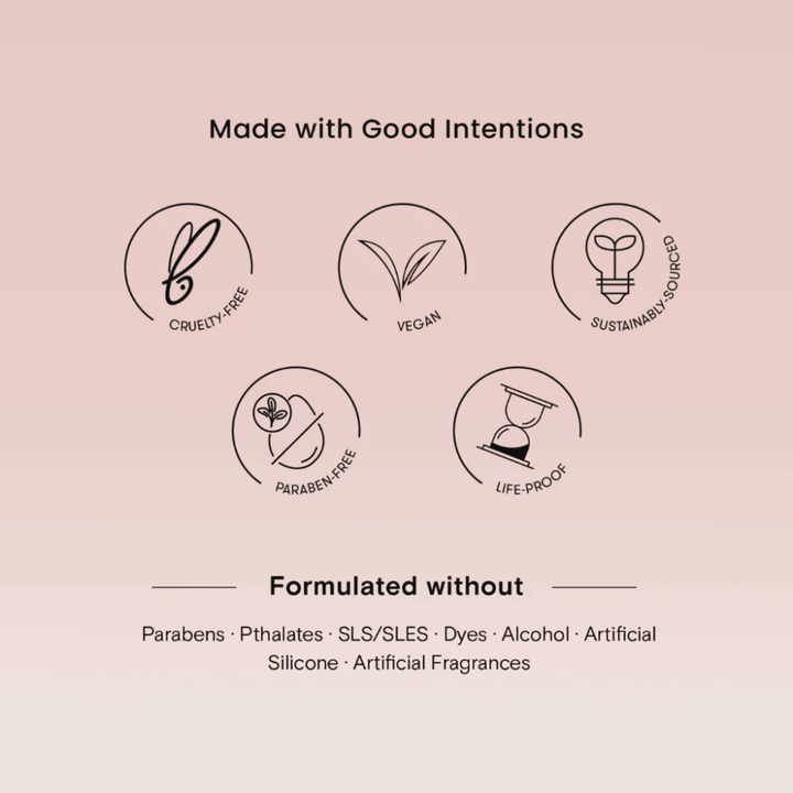 Set of icons representing cruelty-free, vegan, sustainably sourced, paraben-free, and life-proof attributes on a pink background. blk cosmetics Daydream Soft Blur Powder Foundation