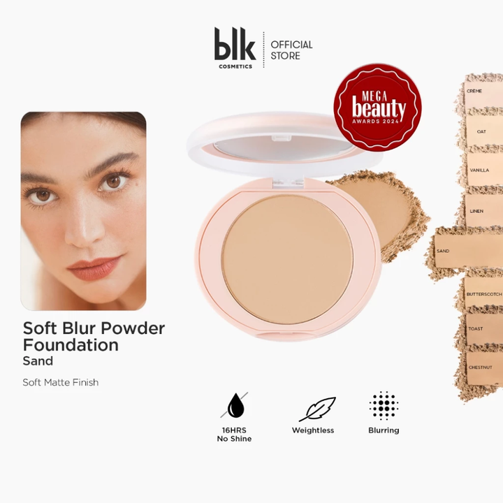 blk cosmetics Soft Blur Powder Foundation with product packaging and features on a white background blk cosmetics Daydream Soft Blur Powder Foundation