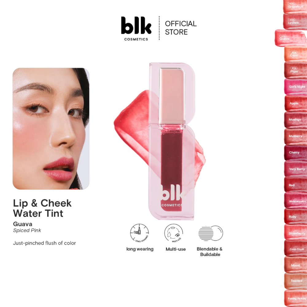 BLK Cosmetics lip and cheek water tint with product packaging and color swatches on a white background.