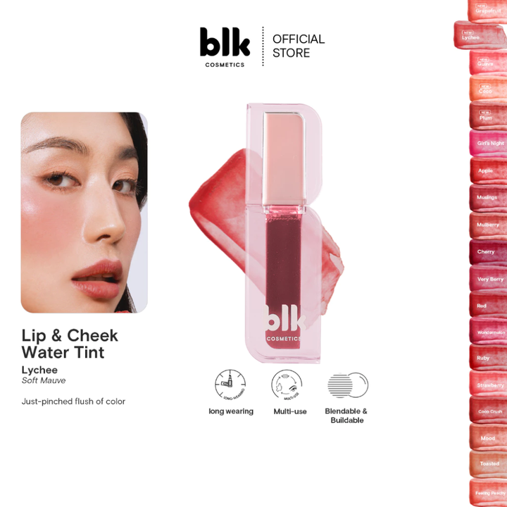 Lip and cheek water tint with packaging and color swatches on a white background