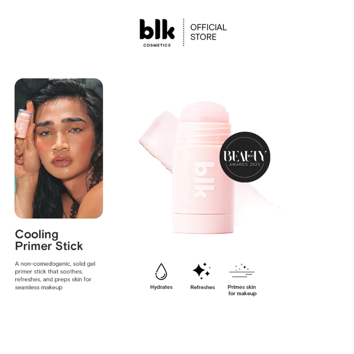Promotional image of a cooling primer stick with a model and product packaging, featuring the blk cosmetics brand. Blk Cosmetics Cooling Primer Stick