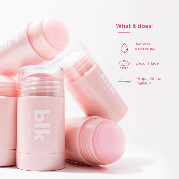 Pink skincare product with 'blk' branding on a white background Blk Cosmetics Cooling Primer Stick