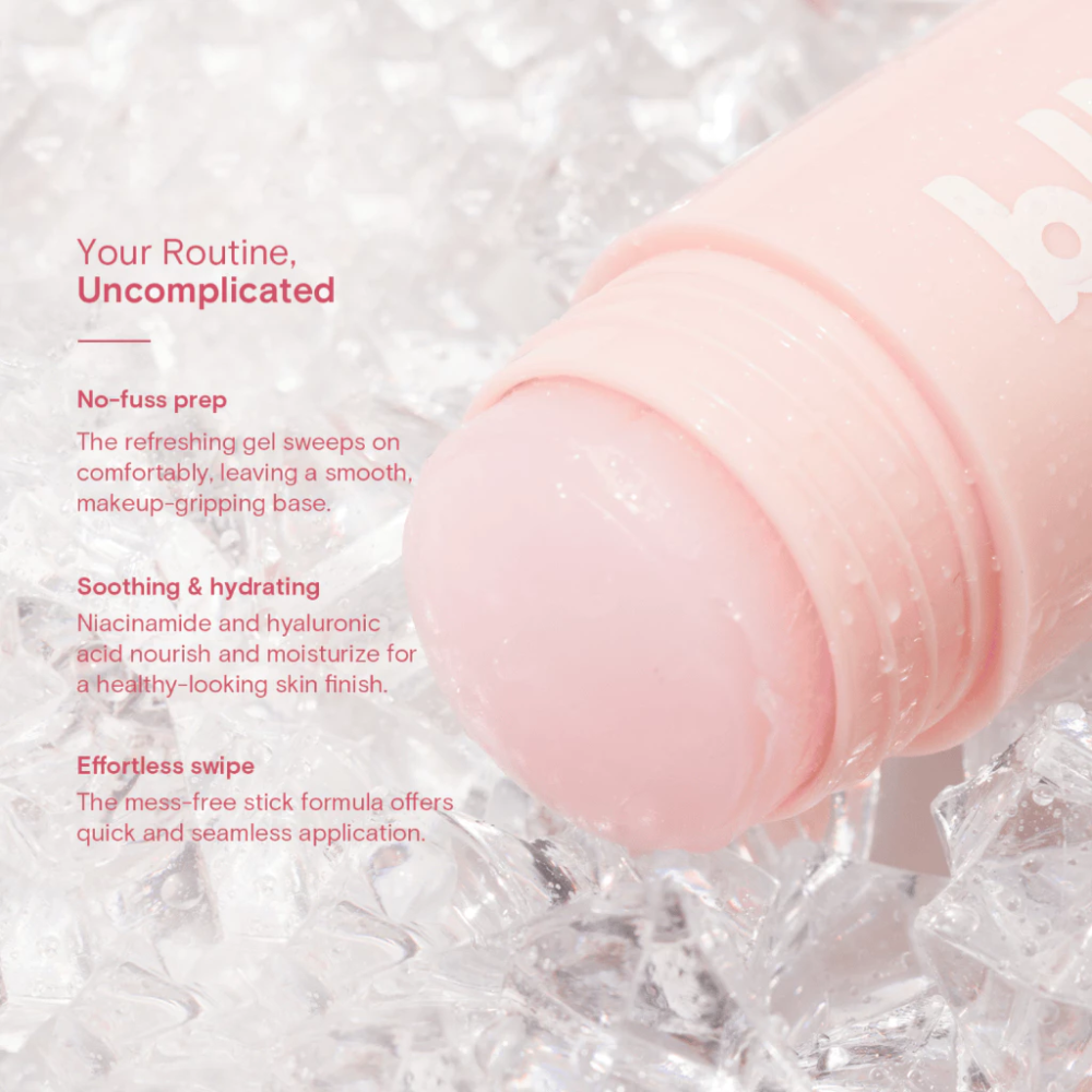 Pink skincare stick with text on a textured white background Blk Cosmetics Cooling Primer Stick