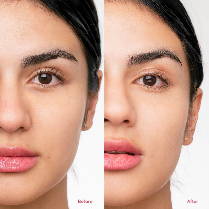 Before and after comparison of a woman's face with makeup application. Blk Cosmetics Cooling Primer Stick