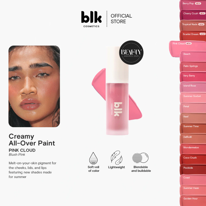 Promotional image of blk cosmetics creamy all-over paint with product and color swatches. Blk Cosmetics Creamy All-Over Paint - Pink Cloud