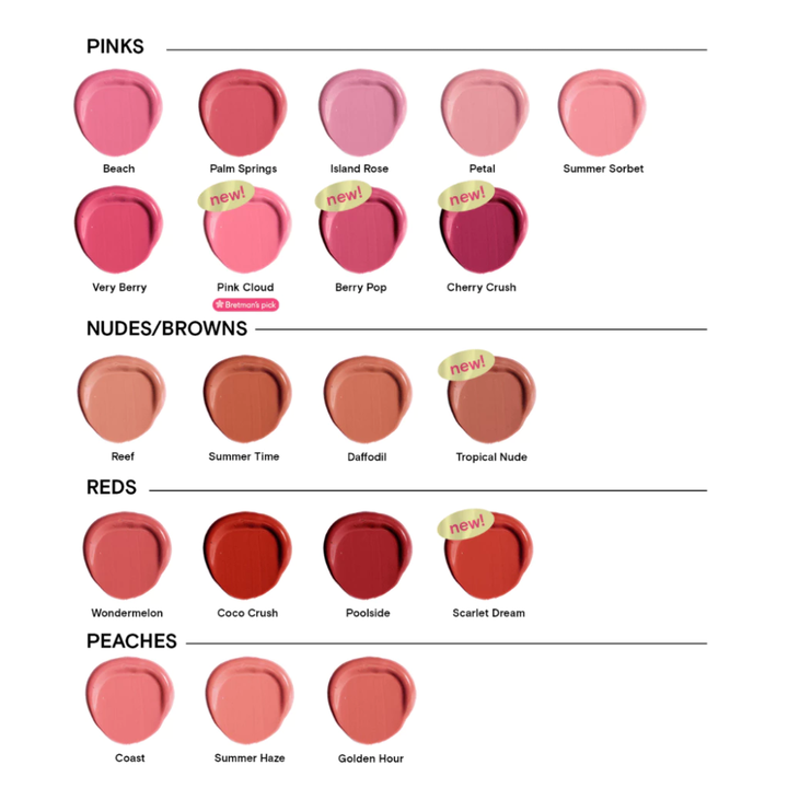 Color swatch chart with shades of pink, nude/brown, red, and peach on a white background. Blk Cosmetics Creamy All-Over Paint - Pink Cloud