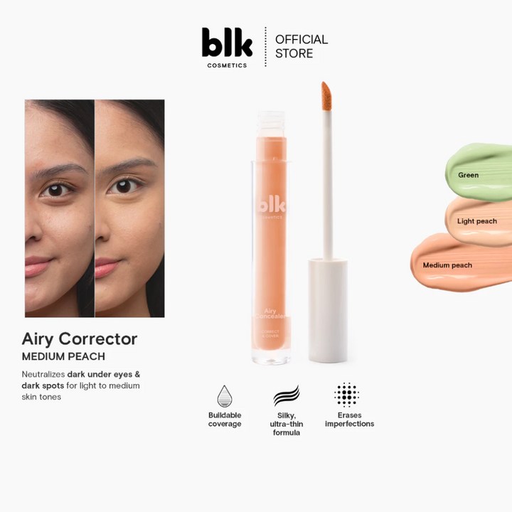 Adblk cosmetics Airy Corrector with product packaging and color swatches. Airy Concealer - Correct & Cover