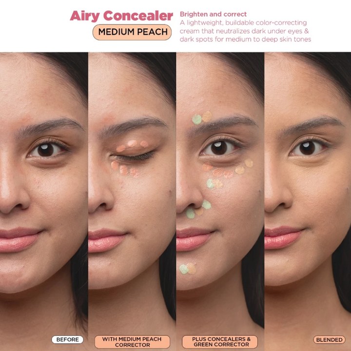 Before and after comparison of Airy Concealer on a person's face with medium peach color. Airy Concealer - Correct & Cover